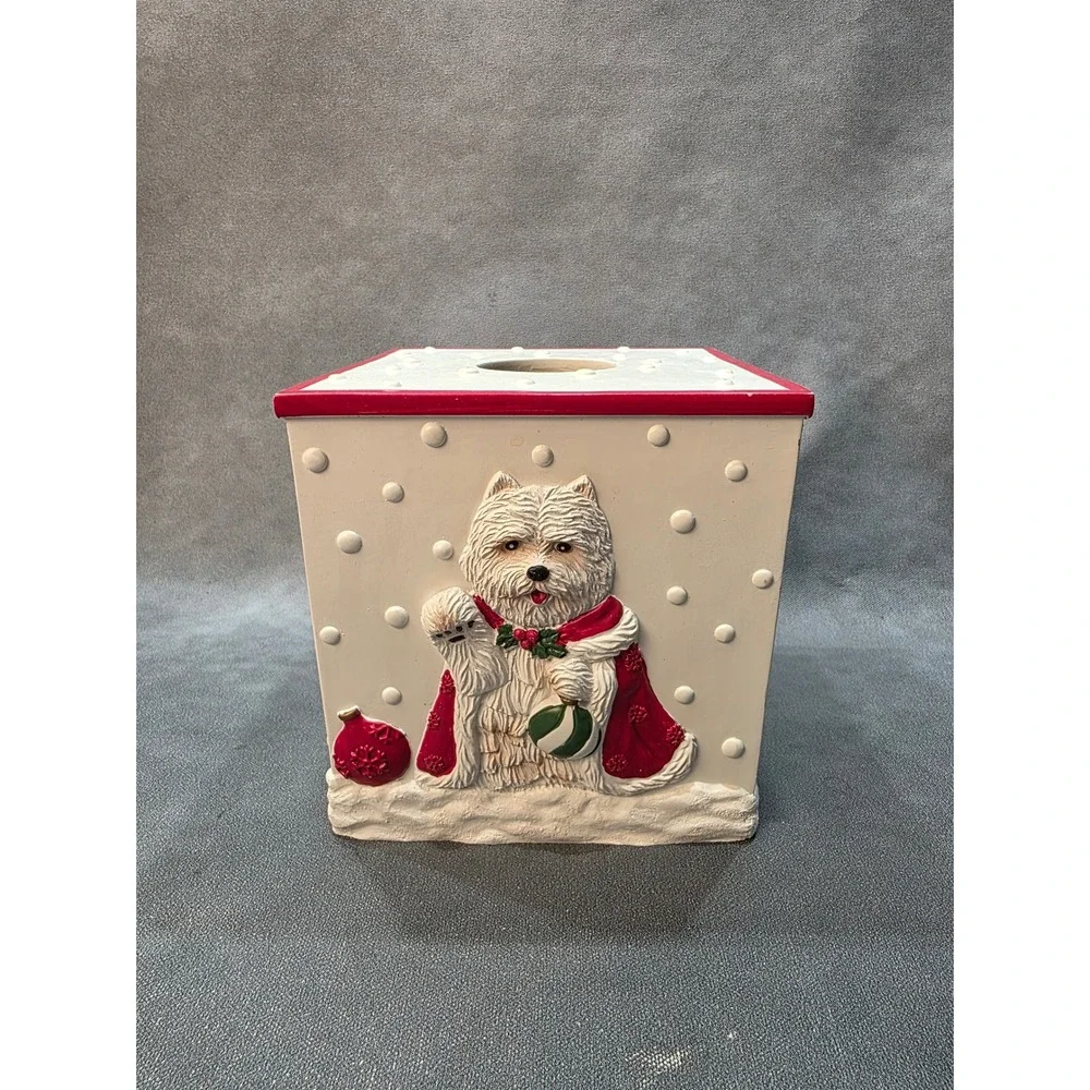Vintage Westie Dog Christmas Ceramic Tissue Box Cover White Red Holiday Decor